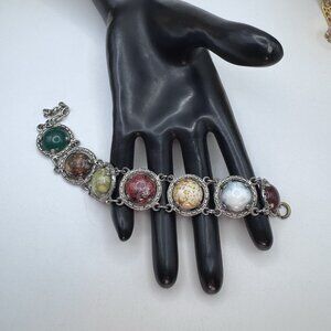 Vintage Large Scarab Gem Stone Double Link Bracelet Silver Tone Unsigned Adjust